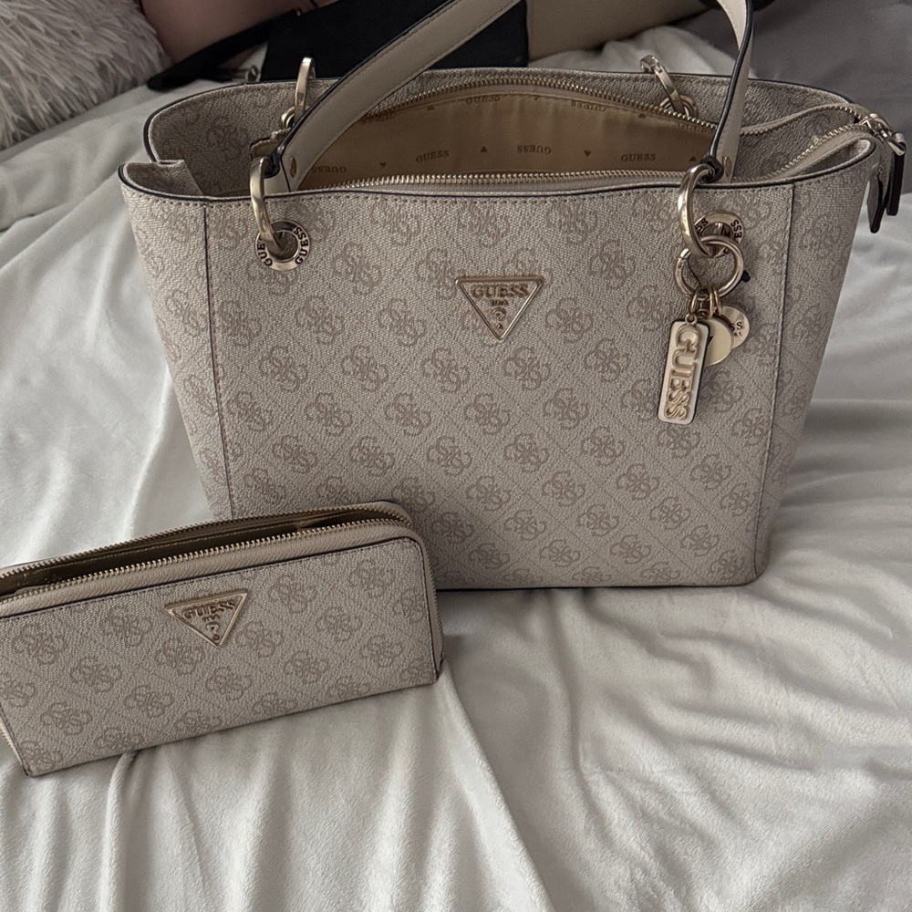 GUESS Cream Monogram Tote with Matching Wallet